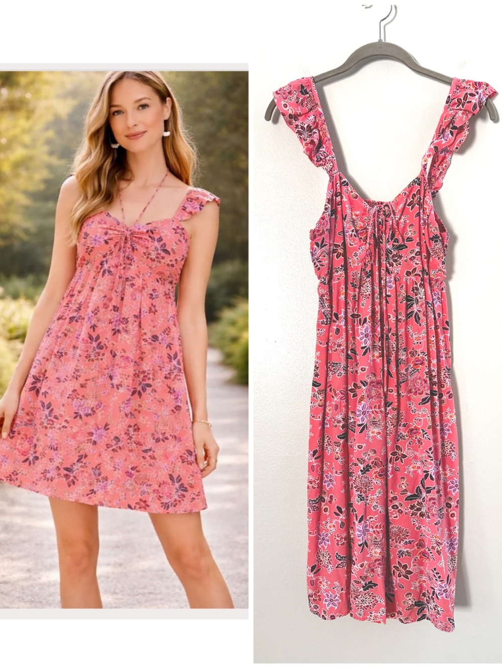 Loft Peach Pink Floral Print Casual Fit Ruffle Strap Dress